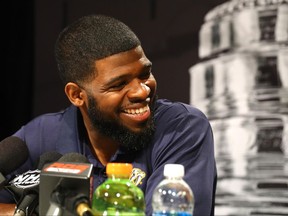 Nashville Predators defenceman P.K. Subban answers questions at the Stanley Cup final media day in Pittsburgh on May 28.