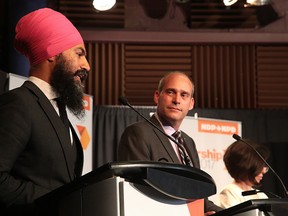 Candidate Jagmeet Singh makes a point at the federal NDP leadership race debate in Sudbury, Ont. on Sunday May 28, 2017.
