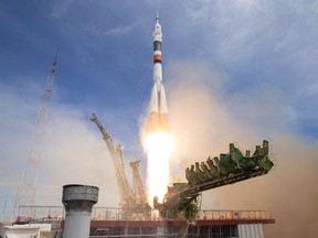 The Soyuz MS-04 rocket carrying Expedition 51 Soyuz Commander Fyodor Yurchikhin of Roscosmos and Flight Engineer Jack Fischer of NASA launches from the Baikonur Cosmodrome on April 20, 2017 in NASAs most recent manned mission into Earth's orbit.