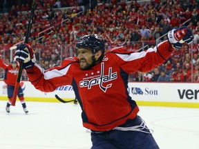 Alex Ovechkin of the Capitals celebrates after scoring a goal in the third period against the Pittsburgh Penguins in Game 5 of their Eastern Conference semifinal series at the Verizon Center  in Washington on Saturday night.