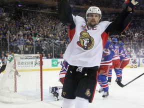 Erik Karlsson of the Ottawa Senators celebrates his goal against the Rangers during Game 6 of their Eastern Conference second-round series at Madison Square Garden in New York on Tuesday night. The Senators won 4-2 to close out the series.
