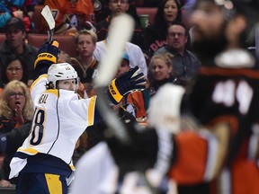 James Neal of the Nashville Predators celebrates after scoring the game-winning goal in overtime against the Ducks in Game 1 of the Western Conference final in Anaheim, Calif.