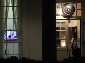 U.S. President Donald Trump is seen on a television news show in the West Wing of the White House, on May 15, 2017 in Washington, DC