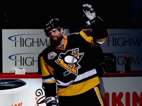 Phil Kessel of the Pittsburgh Penguins waves to the crowd after defeating the Ottawa Senators in Game Two of the Eastern Conference Final during the 2017 NHL Stanley Cup Playoffs at PPG Paints Arena on May 15, 2017 in Pittsburgh, Pennsylvania.
