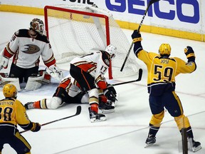 Roman Josi (59) of the Nashville Predators celebrates scoring the game-winning goal against John Gibson of the Anaheim Ducks during the third period in Game 3 of the Western Conference final at Bridgestone Arena in Nashville on Tuesday night.