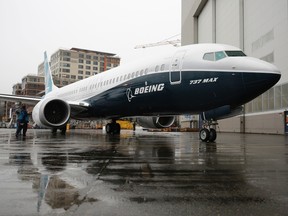 This file photo taken on March 7, 2017 shows the first Boeing 737 MAX 9 airplane at the Boeing factory in Renton, Washington on March 7, 2017