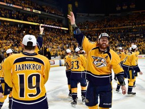 Nashville Predators players celebrate their Western Conference Final series win over the Anaheim Ducks on May 22.