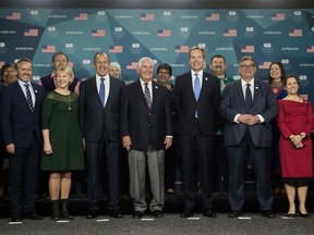 Arctic Council foreign ministers, (L-R) Anders Samuelson of Denmark, Sweden's Margot Wallstrom, Russia's Sergei Lavrov, US Secretary of State Rex Tillerson, Norway's Borge Brende, Finland's Timo Soini, and Canada's Chrystia Freeland.