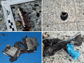 Items found at the scene of the Manchester bombing (clockwise from top left): a detonator, a piece of metal shrapnel, the tattered remains of a backpack, and a battery.