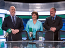 B.C. NDP leader John Horgan, left to right, Liberal Leader Christy Clark and B.C. Green Party leader Andrew Weaver after a debate in April.