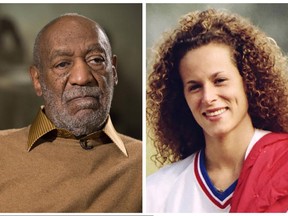 In this combination of file photos, entertainer Bill Cosby pauses during an interview in Washington on Nov. 6, 2014, and Andrea Constand poses for a photo in Toronto on Aug. 1, 1987.