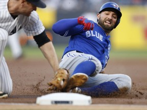 Toronto Blue Jays centre fielder Kevin Pillar slides into third base against the New York Yankees on May 2.