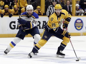 Nashville Predators centre Calle Jarnkrok (right) is defended by St. Louis Blues forward Paul Stastny on May 7.