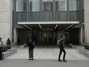 An exterior view shows the main entrance of St Bartholomew's Hospital, in London, one of the hospitals whose computer systems were affected by a cyberattack, Friday, May 12, 2017. A large cyberattack crippled computer systems at hospitals across England on Friday, with appointments canceled, phone lines down and patients turned away.