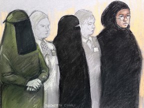 Court artist sketch by Elizabeth Cook of three women,  Mina Dich, 43, left, Rizlaine Boular, 21, centre,  and Khawla Barghouthi, 20, right,  appearing at Westminster Magistrates Court  in London charged with preparing a terrorist act and conspiracy to murder, Thursday May 11, 2017. Boular, of central London, was shot by police during a raid by elite armed offices at a terraced house in Harlesden Road, north London, on April 27.