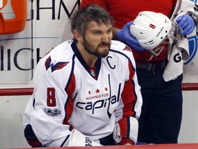 Washington Capitals forward Alex Ovechkin sits on the bench during Game 4 against the Pittsburgh Penguins on May 3.