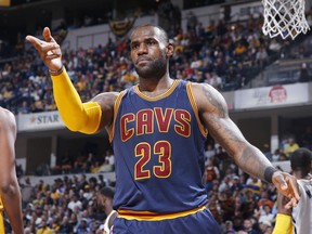 Cleveland Cavaliers forward LeBron James reacts after a basket and foul against the Indiana Pacers on April 23.