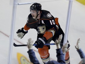 Anaheim Ducks right wing Corey Perry celebrates after scoring the game-winning goal against the Edmonton Oilers during the second overtime of Game 5 in Anaheim, Calif., on Friday, May 5, 2017.