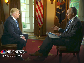 President Donald Trump is interviewed by NBC's Lester Holt, Thursday, May 11, 2017. Trump made his first extended remarks since he roiled Washington with his decision to fire FBI Director James Comey.