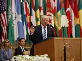 President Donald Trump delivers a speech to the Arab Islamic American Summit, at the King Abdulaziz Conference Center, Sunday, May 21, 2017, in Riyadh, Saudi Arabia.
