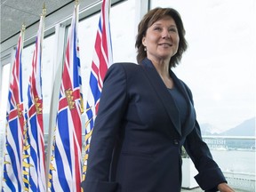 British Columbia Premier Christy Clark leaves a news conference at her office in Vancouver, B.C., Wednesday, May 10, 2017.