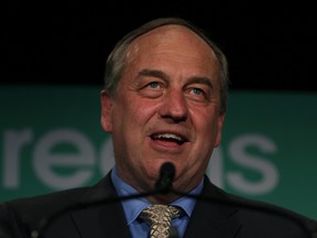 B.C. Green party leader Andrew Weaver speaks to supporters at election headquarters at the Delta Ocean Pointe on election night in Victoria, B.C., on , Wednesday, May 10, 2017