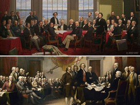 Top, the 37 men usually credited as Canada's Fathers of Confederation. Bottom, a painting depicting the 1776 signing of the U.S. Declaration of Independence.