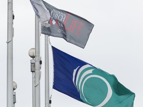 A National March For Life flag flies at Ottawa City Hall.