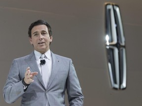 In this April 12, 2017 file photo, Ford Motor Co. President and CEO Mark Fields speaks during a media preview of the 2018 Lincoln Navigator at the New York International Auto Show in New York.