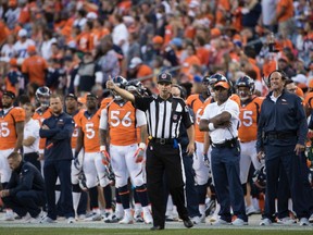 Dave Foxcroft officiates an NFL pre-season game in Denver in 2016.