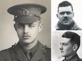 Canadian airmen Lt. Lindsay Drummond, left; 2nd Lt. Robert "Bobby" Smith Bennie, top right; and Lt. Arthur Metheral were shot down and killed behind enemy lines during the First World War.