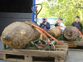 Three defused WWII bombs sit on the bed of a truck in Hannover, northern Germany, Sunday, May 7, 2017.