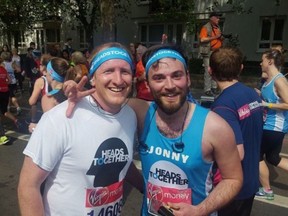 Neil Laybourn and Jonny Benjamin after the London Marathon on April 27.