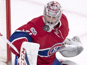 Montreal Canadiens goalie Carey Price keeps his eyes on the puck against the New York Rangers on April 20.
