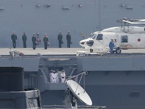Japan's Maritime Self Defense Forces helicopter carrier Izumo sails out its Yokosuka Base on May 1, 2017.