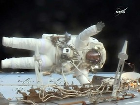 Astronaut Jack Fischer outside the space station, on his spacewalk to replace the data relay box that broke over the weekend.