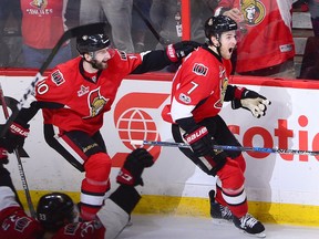 Ottawa Senators centre Kyle Turris celebrates his overtime goal against the New York Rangers with teammates Fredrik Claesson (33) and Tom Pyatt (10) in Game 5 on Saturday, May 6, 2017 at the Canadian Tire Centre.