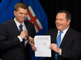 Wildrose Party leader Brian Jean and Alberta PC leader Jason Kenney announce that they have reached a deal to merge the parties, May 18, 2017.