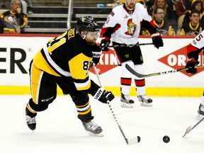 Pittsburgh Penguins winger Phil Kessel rips a shot in the direction of Ottawa Senators goaltender Craig Anderson on May 15.