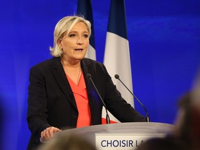 Marine Le Pen concedes defeat to Emmanuel Macron in the second round of the French presidential elections at the Chalet du Lac in Paris, France.