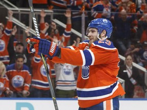 Leon Draisaitl of the Edmonton Oilers celebrates one of his three goals in Sunday's 7-1 rout of the Anaheim Ducks in Game 6 of their Western Conference semifinal series. The victory evened the series at 3-3 with Game 7 Wednesday in Anaheim.
