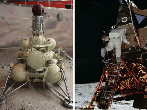 Left, a model of the Luna 16 lander, a near-identical cousin to the Luna 15 spacecraft that crashed into the moon on July 21, 1969. Right, astronaut Apollo 11 astronaut Buzz Aldrin descends the ladder to the lunar surface on July 20, 1969.