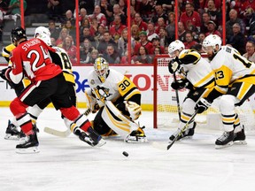 Goaltender Matt Murray of the Pittsburgh Penguins makes one of 24 stops on the night against the Ottawa Senators in Game 4 of the Eastern Conference Final in Ottawa. Murray, who was making his first playoff start, starred in the Penguins' 3-2 victory, tying the series at 2-2 heading to Pittsburgh for Game 5 on Sunday.