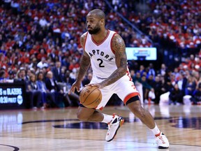 P.J. Tucker #2 of the Toronto Raptors dribbles the ball in the first half of Game Five of the Eastern Conference Quarterfinals against the Milwaukee Bucks during the 2017 NBA Playoffs at Air Canada Centre on April 24, 2017 in Toronto, Canada.