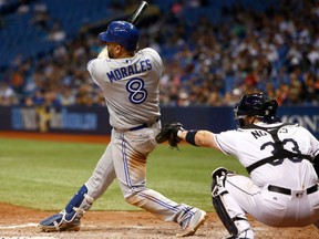 Kendrys Morales hits a three-run homerun in the eighth inning to help power the Toronto Blue Jays to an 8-4 win over the Tampa Bay Rays in American League action Friday in St. Petersburg, Fla. Morales had a pair of homers on the night to account for five RBI.