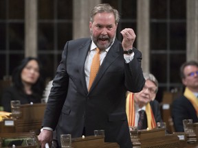 NDP leader Tom Mulcair rises to question the government during Question Period in the House of Commons on May 1, 2017 in Ottawa.