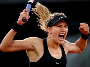 Eugenie Bouchard celebrates match point against Maria Sharapova in Madrid on May 8.