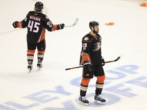 Anaheim Ducks forward Ryan Getzlaf (right) and defenceman Sami Vatanen look on dejectedly after giving up an empty-net goal to the Nashville Predators on May 20.