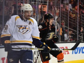 Anaheim Ducks forward Jakob Silfverberg celebrates his goal against the Nashville Predators on May 12.