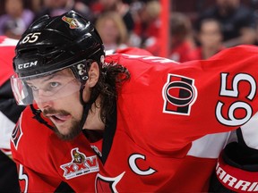 Ottawa Senators defenceman Erik Karlsson prepares for a face-off against the New York Rangers on April 27.